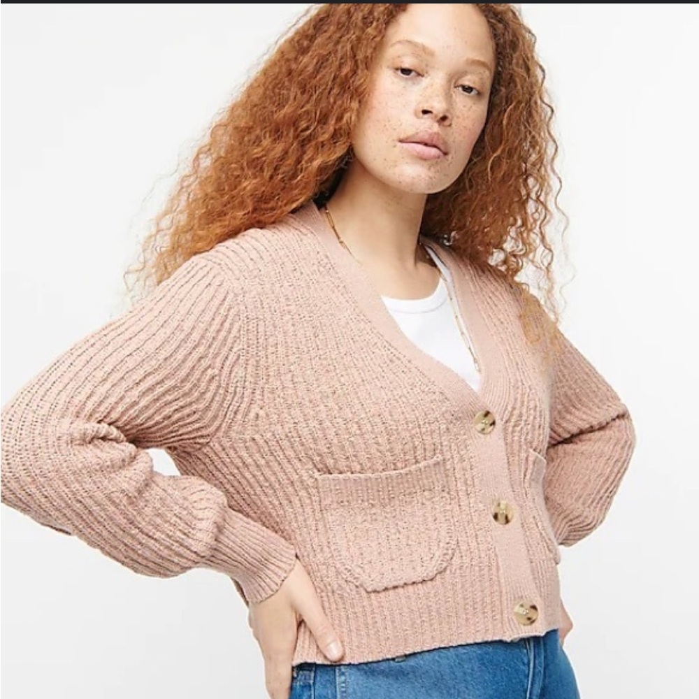 J.Crew Cropped Patch Pocket Beach Cardigan Sweater Size Large Light Pink